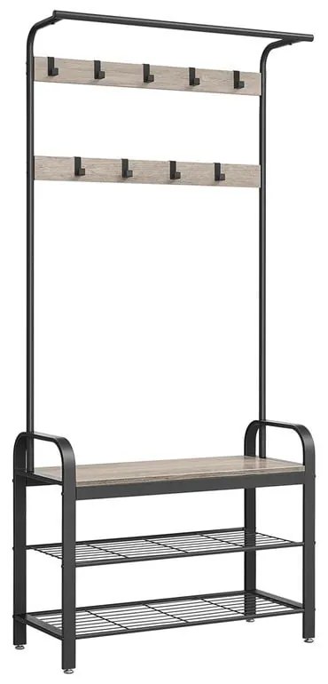 Vešiakový stojan s botníkom a lavičkou, 9 odnímateľných háčikov, 183x84x33.7cm