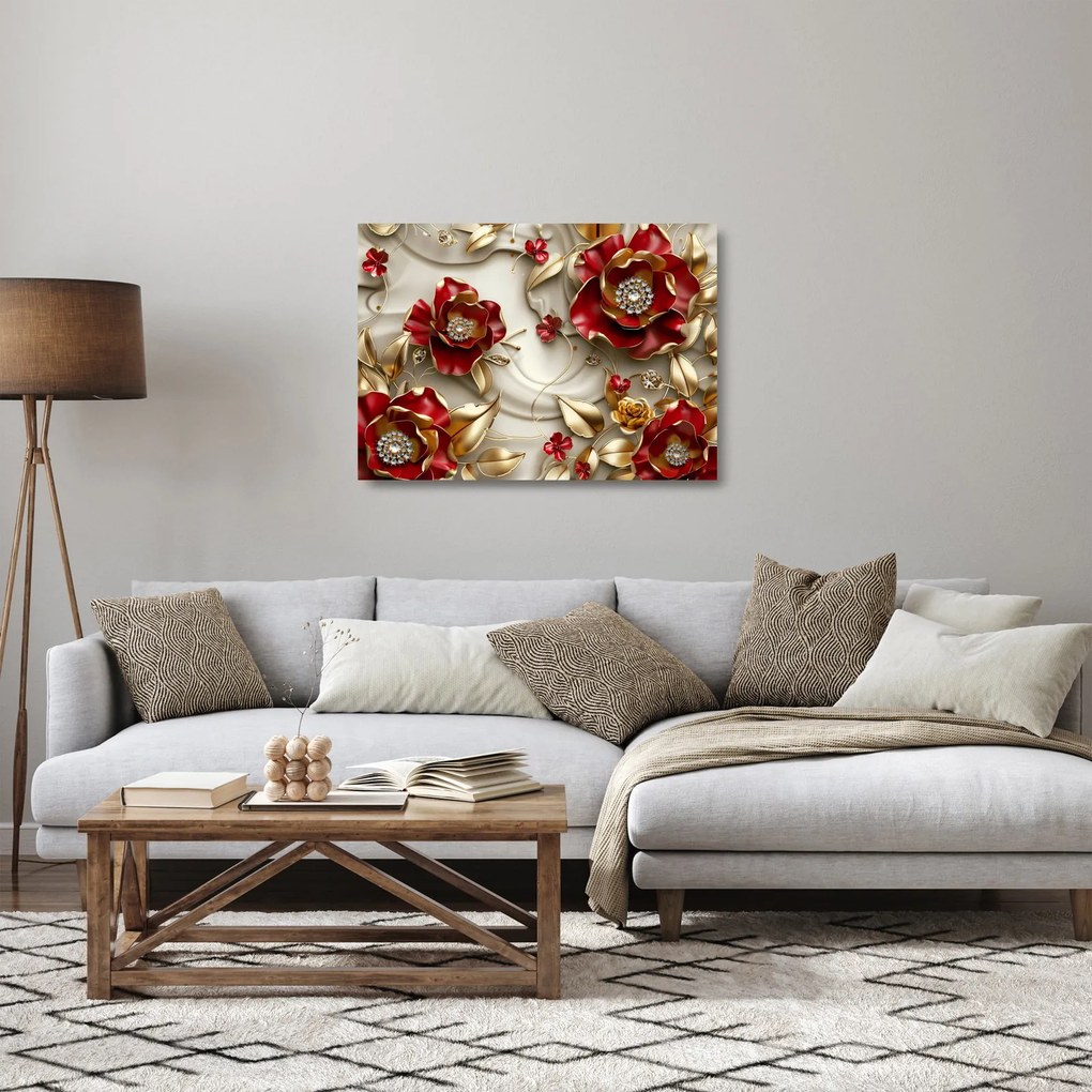 Sklenený obraz - 3D Červeno-zlaté kvety (70x50 cm)
