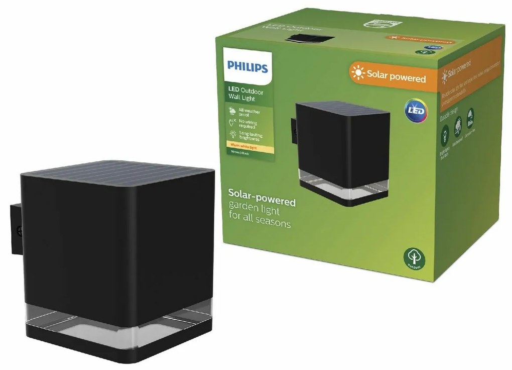 Philips Virona vonkajšie solárne nástennésvietidlo LED čierne, 1,8 W, 200 lm, 2700 K