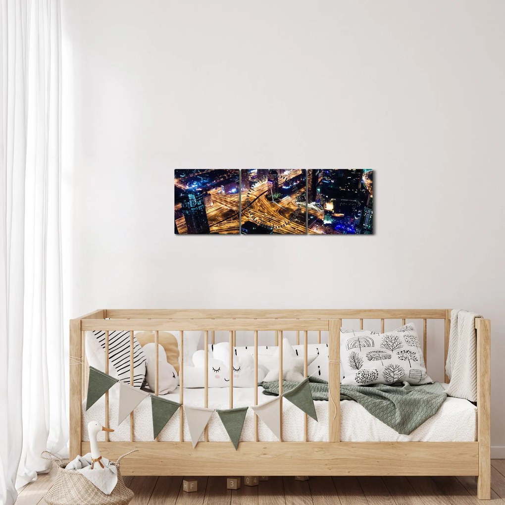 Obraz nočného mesta (s hodinami) (90x30 cm)