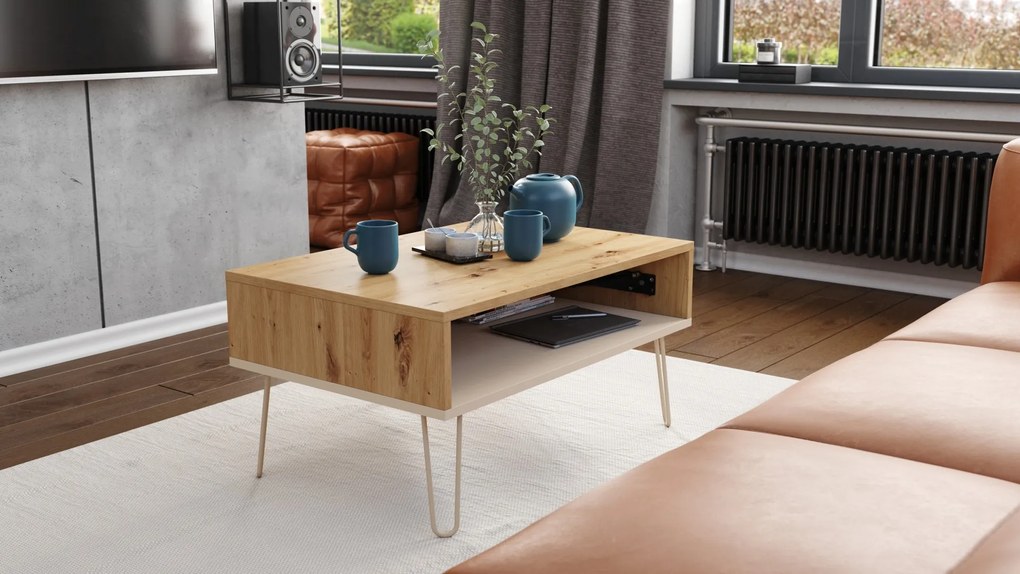 HAIRPIN S-90 Dub Artisan/Béžová (Šampanská) - MODERNÝ KONFERENČNÝ STOLÍK S VÝKLOPNOU DOSKOU + ÚLOŽNÝ PRIESTOR + POLICA