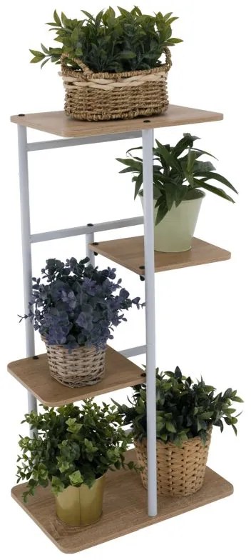 Kondela Stojan na kvety, kov biely, DTD dub sonoma, LEDOR TYP 1