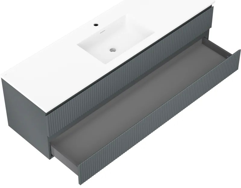 Mexen Rivel, kúpeľňová skrinka 160 cm s umývadlom Otis, 2 zásuvky, drážkovaná, grafitová matná/biela matná, 91A20-16047-2-BFF66-W18M