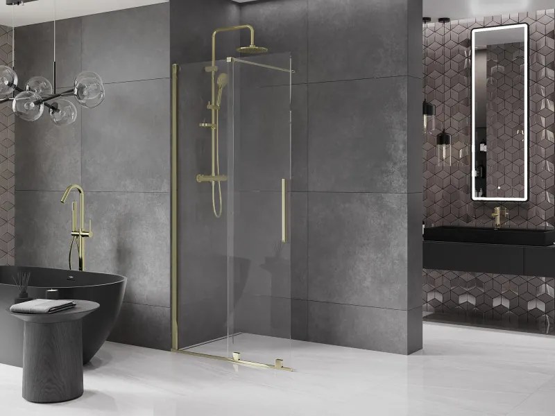 Mexen Velar, posuvné dvere do otvoru typ Walk-In 75 cm, 8mm číre sklo, zlatá lesklá, 871-075-000-03-50