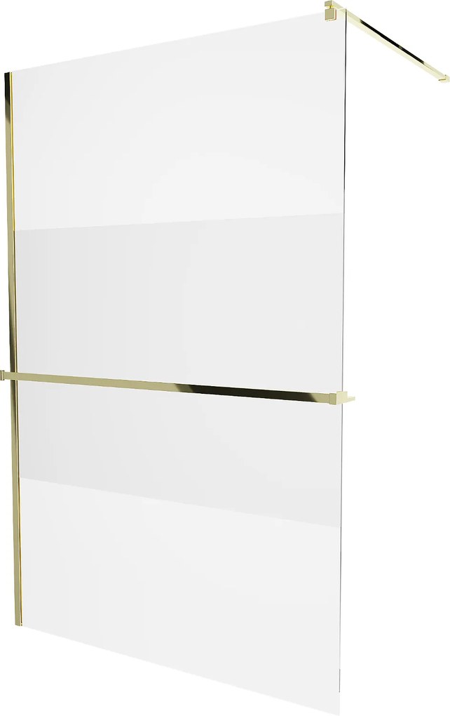 Mexen Kioto+, sprchová zástena s poličkou a držiakom na uteráky 140 x 200 cm, 8mm číre sklo vzor námraza, zlatý profil, 800-140-121-50-35