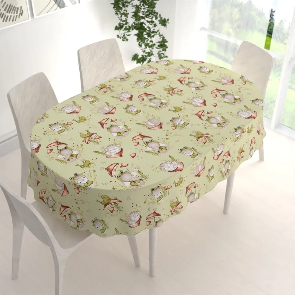 Biante Detský bavlnený oválny obrus Sandra SA-474 Žabky a zvieratká medzi hubami na zelenom 80x120 cm