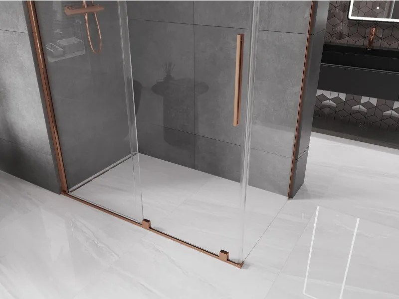 Mexen Velar, sprchový kút s posuvnými dverami 150(dvere) x 80(stena) cm, 8mm číre sklo, ružové zlato, 871-150-080-01-60