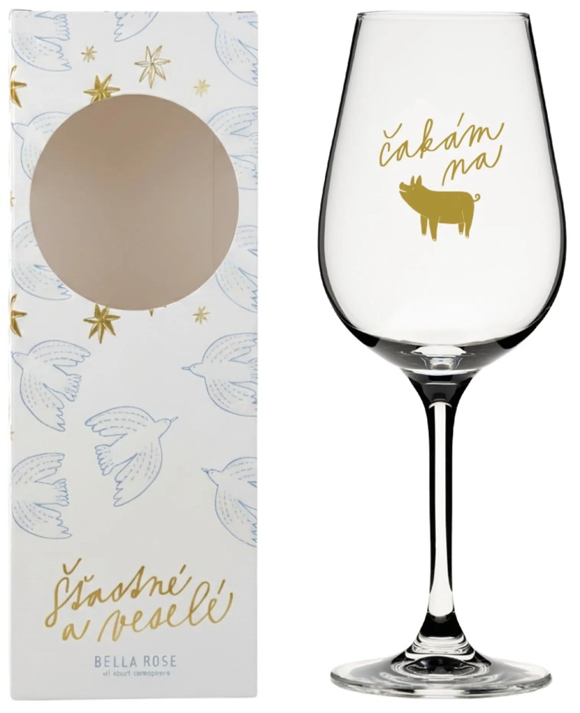 Bella Rose Pohár na víno Čakám na zlaté prasiatko + vianočná krabička SK