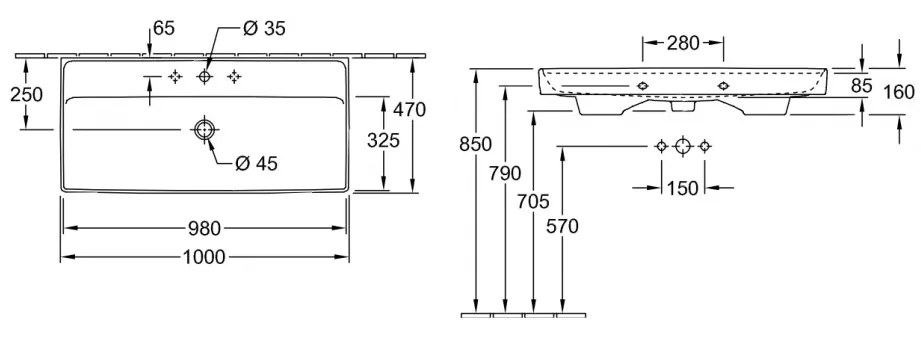 Villeroy & Boch COLLARO - Umývadlo na skrinku 1000x470x160 mm, bez prepadu, biela Alpin CeramicPlus 4A33A2R1