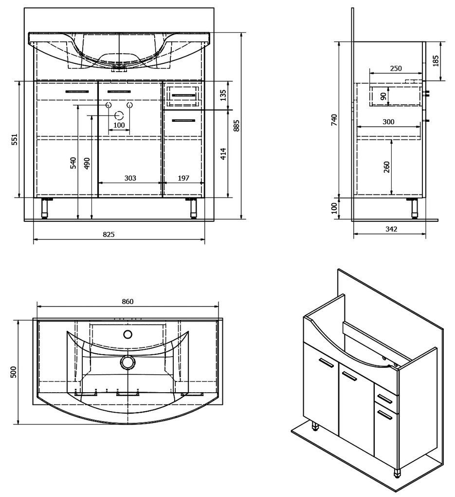 Aqualine Aqualine, ZOJA umývadlová skrinka 82,8x74x34,3cm, biela, 51083A