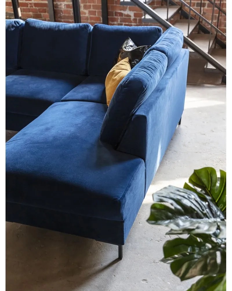 Tmavomodrá zamatová rozkladacia rohová pohovka (pravý roh) Lofty Lilly – Miuform