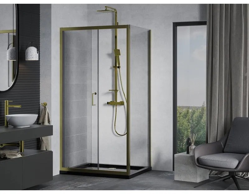Mexen Apia, sprchový kút s posuvnými dverami 140 (dvere) x 80 (stena) cm, 6mm číre sklo, zlatý profil + čierna sprchová vanička SLIM, 840-140-080-50-00-4070G