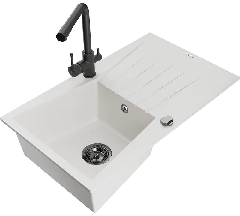 Mexen Cesar, granitový drez 775x470x190 mm, 1-komorový a čierna matná batéria Duero, biela, 6514-20-671600-70