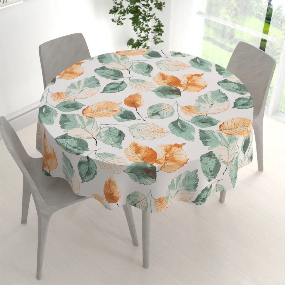 Biante Bavlnený okrúhly obrus Sandra SA-748 Hnedo-zelené akvarelové listy na bielom Ø 40 cm