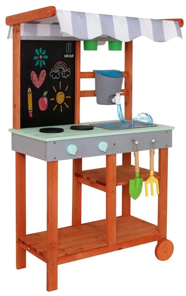KIK Blatová drevená kuchynka pre deti - záhradná, mobilná, s príslušenstvom a umývadlom