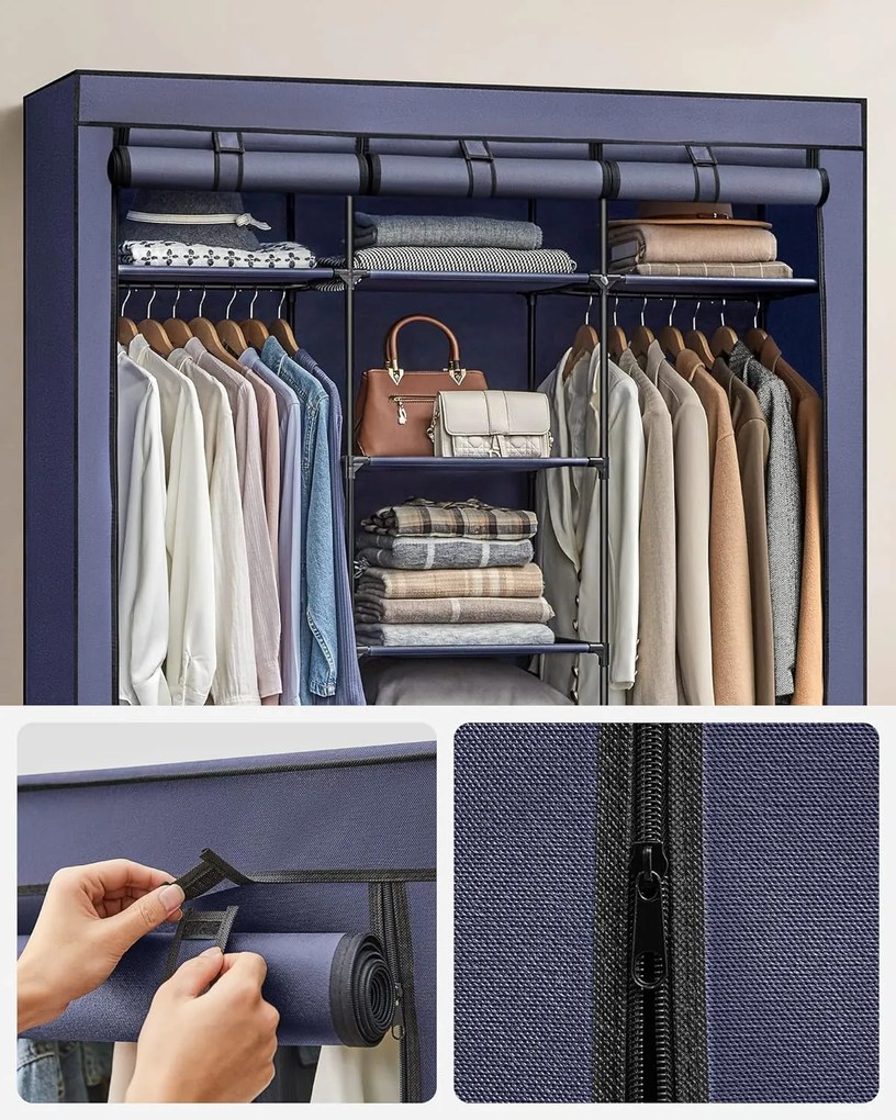 Veľká látková skriňa, 2 závesné tyče, 9 políc, 175x150x45cm, tmavo modrá