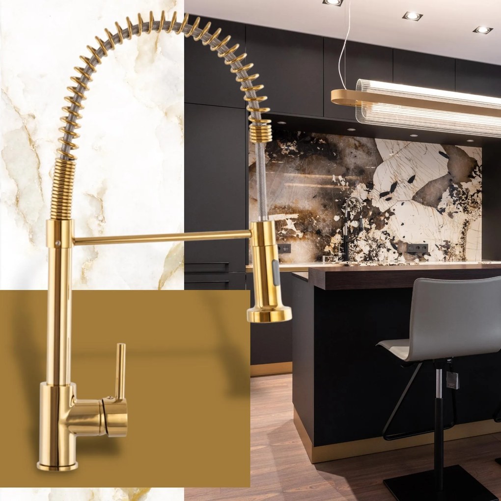 Gamma Spiral, stojanková drezová batéria s elastickou výlevkou, zlatá lesklá, GMA-BSL-GD