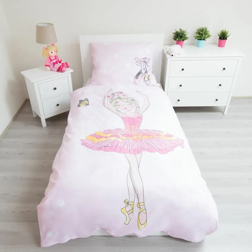 Detské obliečky Balerína 140×200 + 70×90 cm – 100 % bavlna, ružové, jemný baletný dizajn