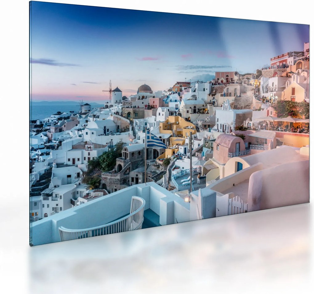 Sklenený obraz - Súmrak v Santorini (70x50 cm)