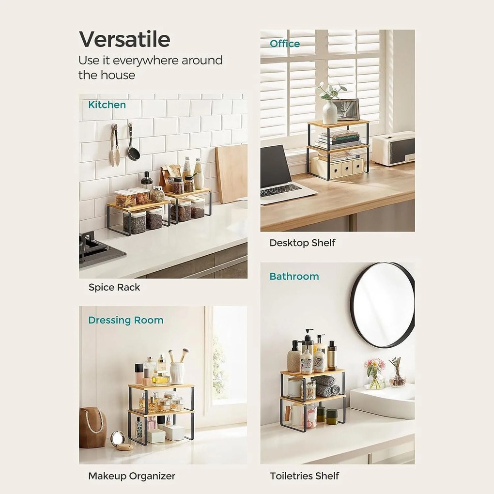 Stohovateľné poličky, organizéry na kuchynskú linku, sada 2 ks, kov a bambus