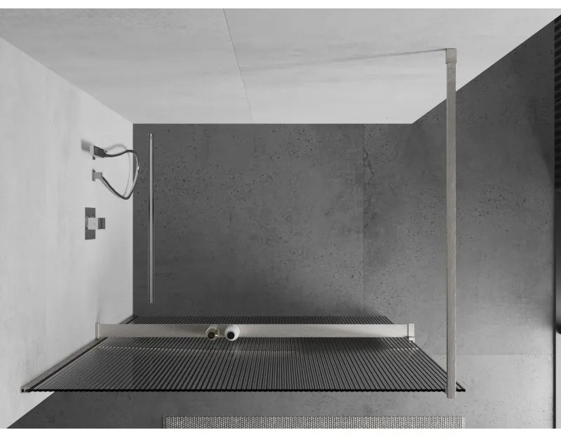 Mexen Kioto+, sprchová zástena Walk-In s poličkou a vešiakom 110 x 200 cm, 8mm sklo s rebrovým vzorom, brúsená oceľ profil, 800-110-121-97-09