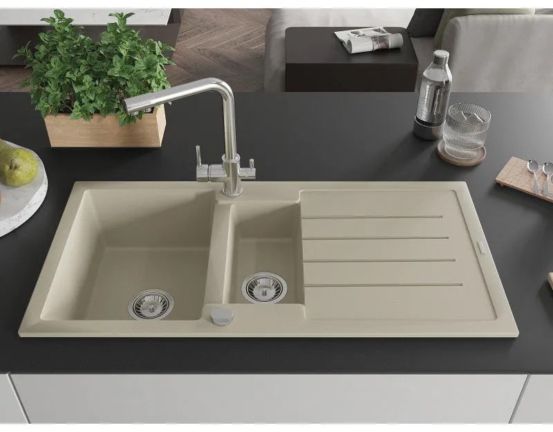Mexen Andres, granitový drez 1000x500x200 mm, 1,5-komorový + chrómová batéria Duero, béžová, 6515-69-671600-00