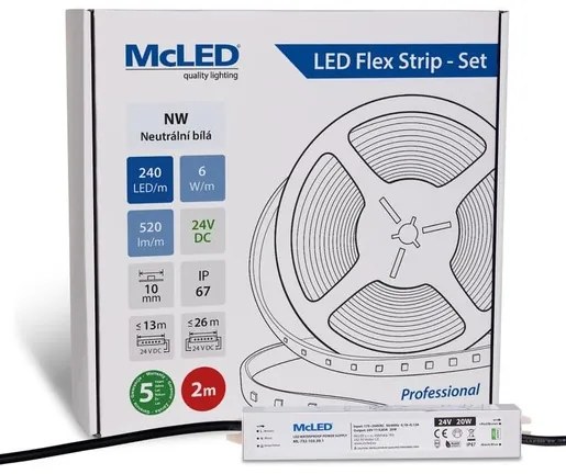 McLED LED páska - sada 2 m, 240 LED/m, NW, 6 W/m, DC 24V, 520 lm/m, CRI90, IP67, 10 mm, vodič 3 m ML-126.033.90.S02001