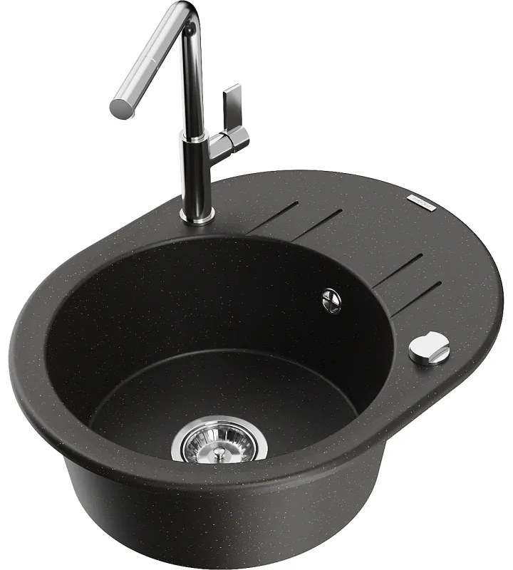 Mexen Kevin, 1-komorový granitový drez 586x458x190 mm a drezová batéria Flora, čierna-zlatá metalíza, 6517-75-670401-00