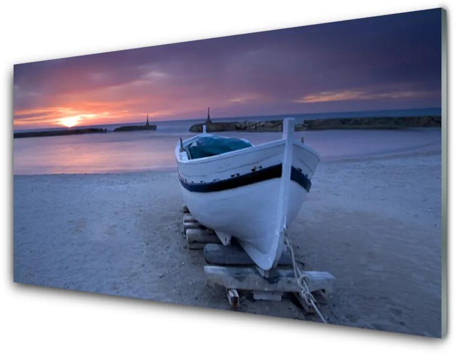 Skleneny obraz Loďka pláž slnko krajina 140x70cm