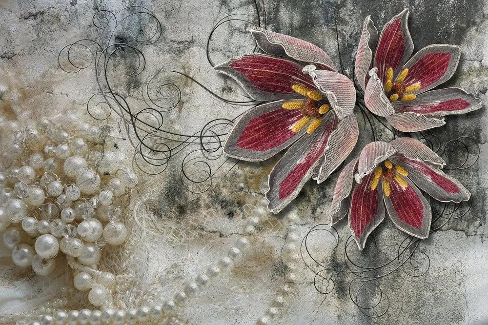 Samolepiaca tapeta kvety s perlami - 150x100