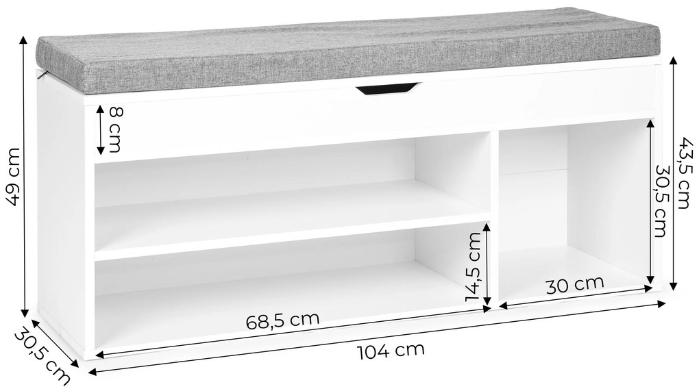 ModernHome Skrinka na topánky so sivým vankúšom - 3 biele police