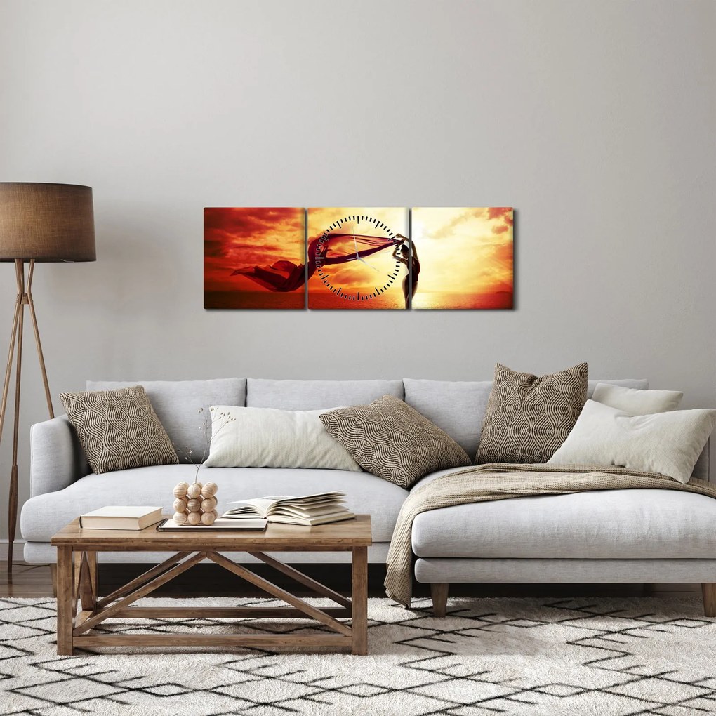 Obraz - Silueta ženy v západu slnka (s hodinami) (90x30 cm)