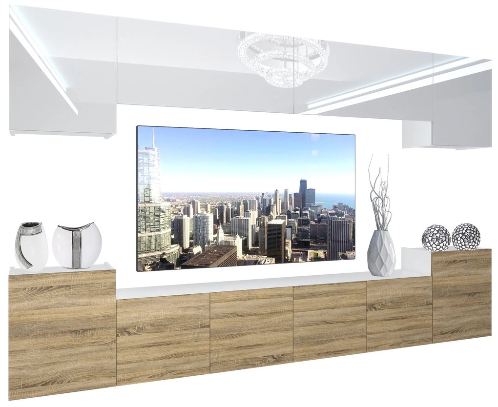 Obývacia stena Belini Premium Full Version biely lesk / dub sonoma + LED osvetlenie Nexum 59