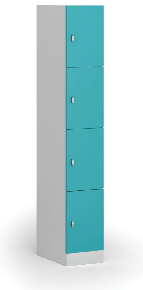 Šatníková skrinka S1 s úložnými boxmi, 4 boxy, 1850 x 300 x 500 mm, demont, otočný zámok, zelené dvere