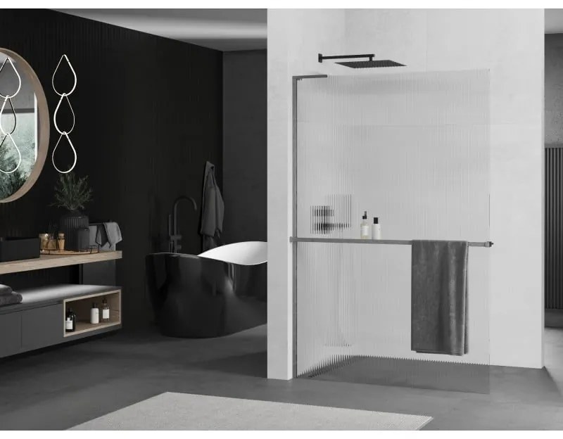 Mexen Kioto+ L, sprchová zástena Walk-In s poličkou a vešiakom 100 x 200 cm, 8mm sklo s rebrovým vzorom, grafitový profil, 800-100-123-66-09