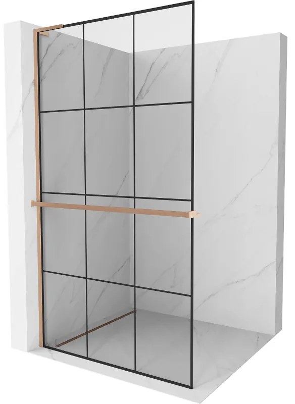 Mexen Kioto+ L, sprchová zástena Walk-In s poličkou a vešiakom 110 x 200 cm, 8mm číre sklo čierny vzor, medený matný profil, 800-110-123-65-77