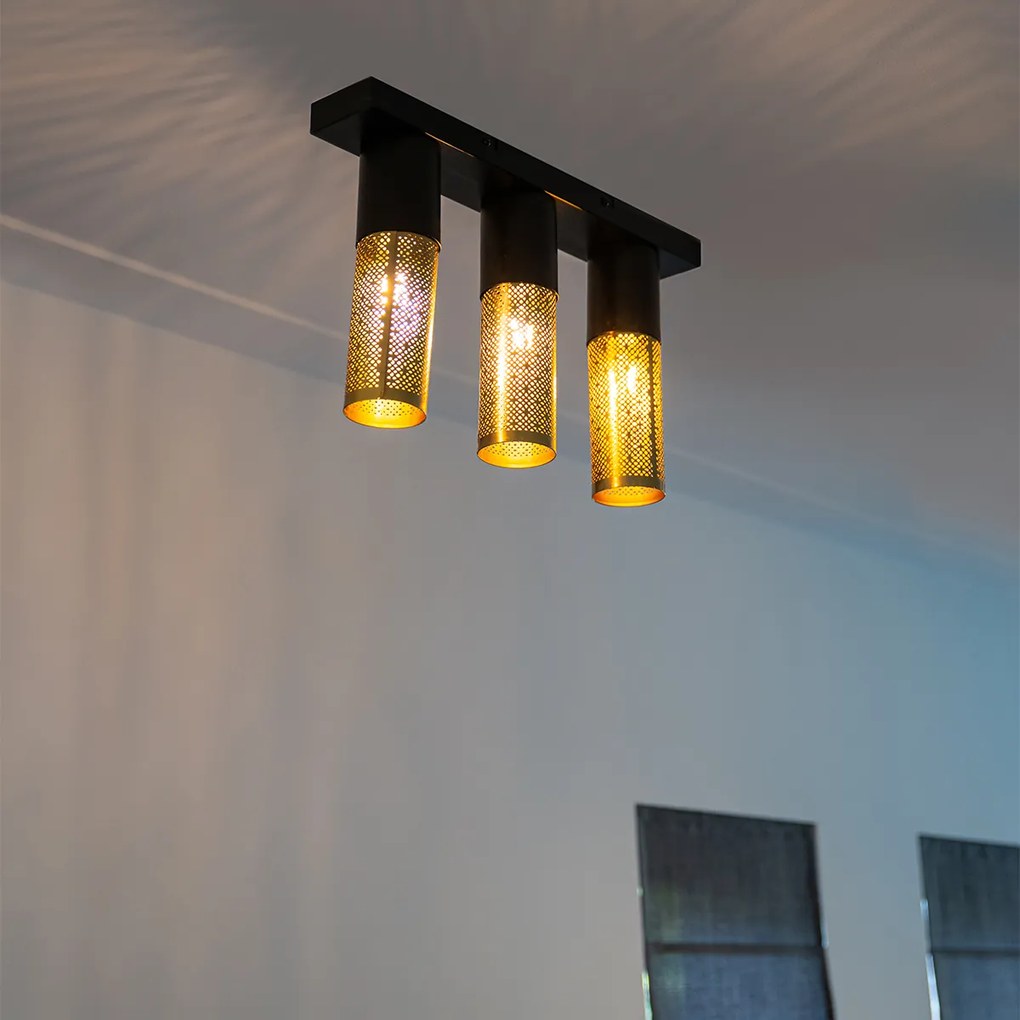 Priemyselné stropné svietidlo čierne so zlatom obdĺžnikové 3-svetlo - Raspi