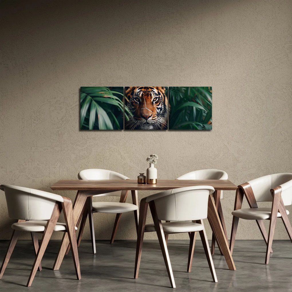 Obraz - Portrét tigra v džungli (s hodinami) (90x30 cm)