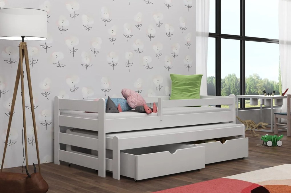 Detská posteľ z masívu borovice ALEX s prístelkou a šuplíky - 200x90 cm - BIELA