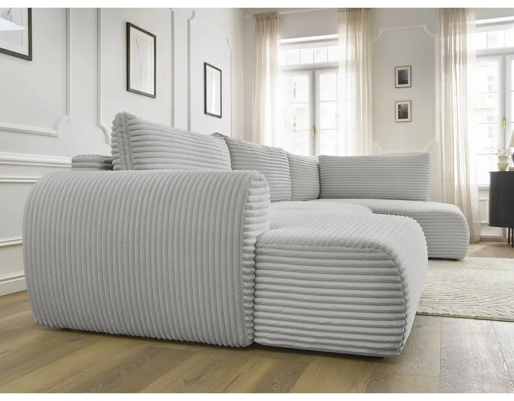 Svetlosivá menčestrová rozkladacia/s úložným priestorom rohová pohovka (pravý roh/do tvaru "U") Lucien – Bobochic Paris