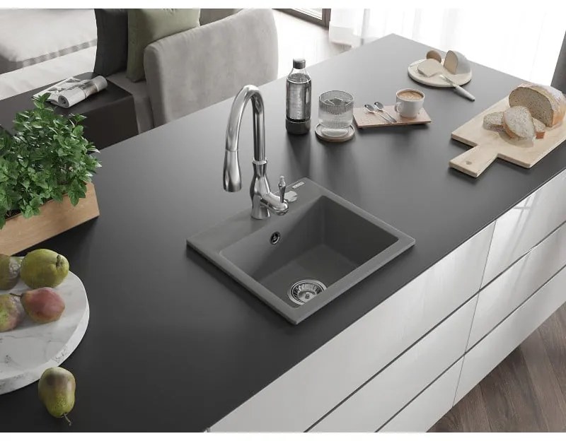 Mexen Milo, 1-komorový granitový drez 435x410x171 mm a drezová batéria Savita, šedá, 6505-71-672601-00