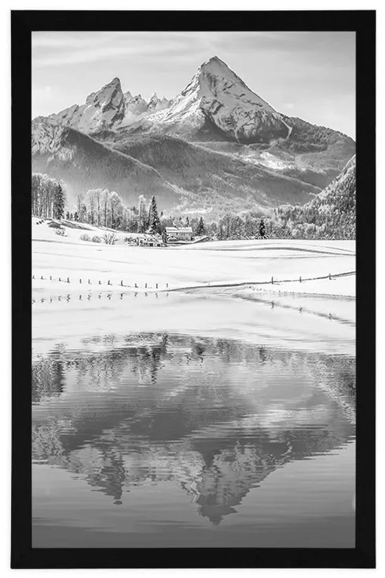 Plagát zasnežená krajina v Alpách v čiernobielom prevedení - 60x90 silver