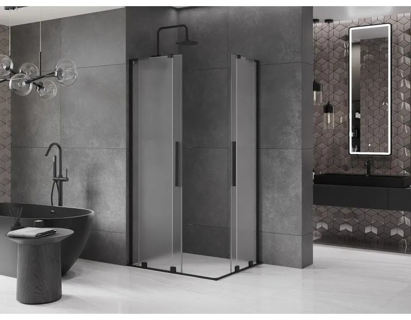 Mexen Velar L Duo, sprchový kút s posuvnými dverami 100 x 90 cm, 8mm sklo námraza, čierna matná, 871-100-090-02-33-70