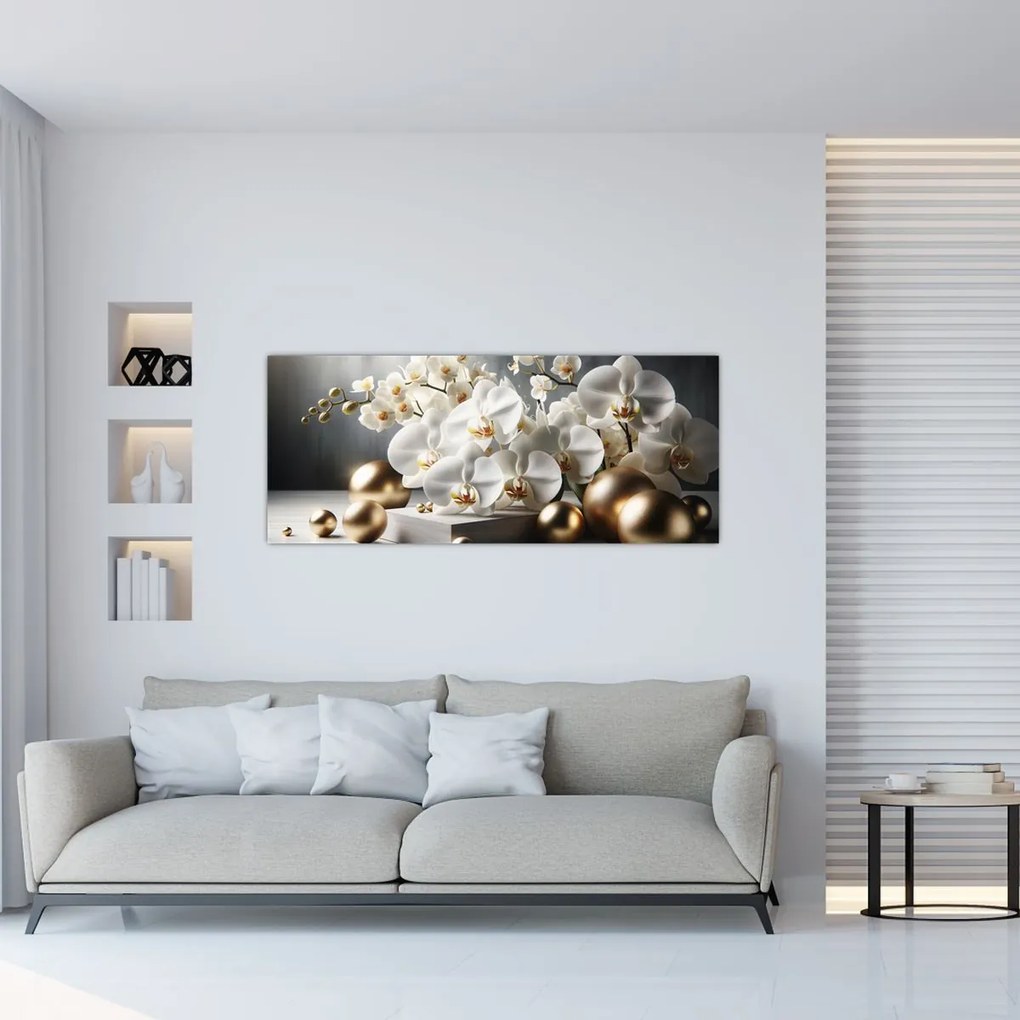 Obraz - Orchidea a zlaté gule (120x50 cm)