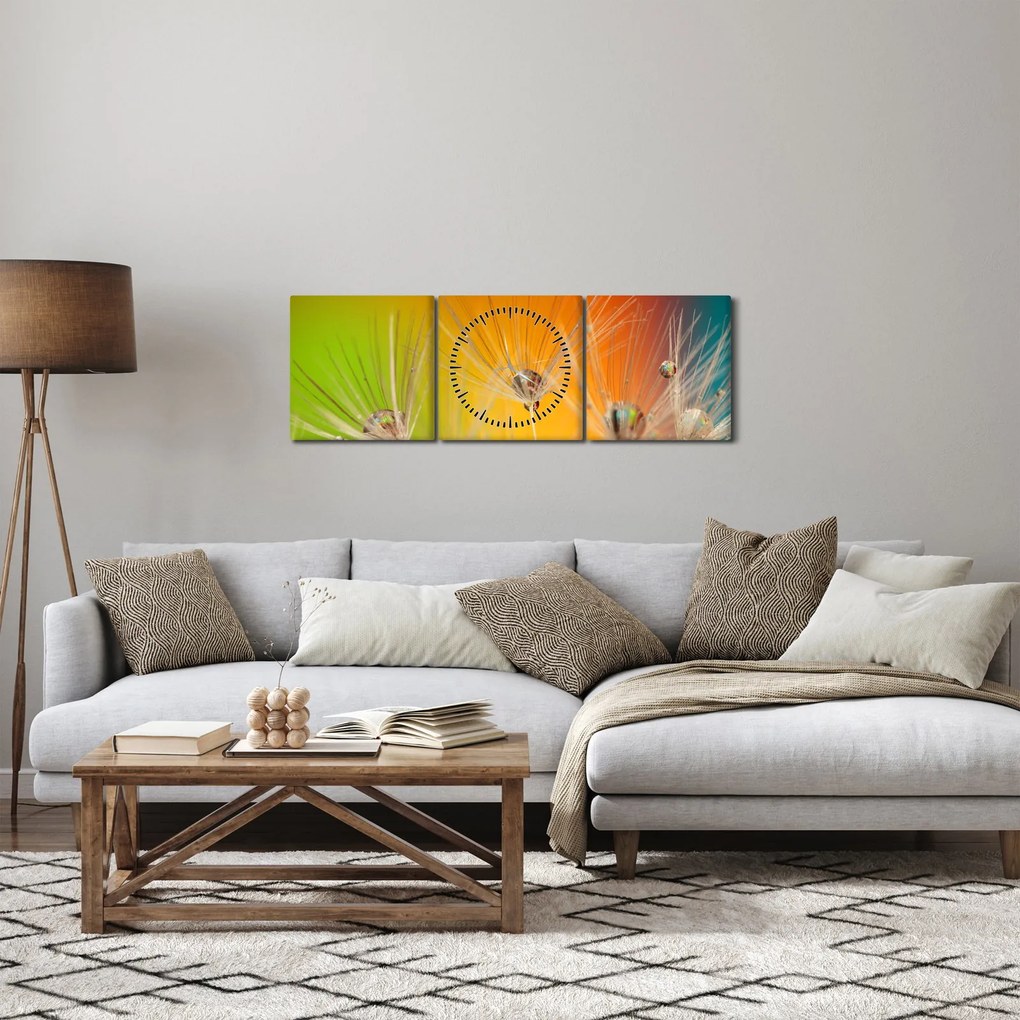 Obraz kvapiek na rastline (s hodinami) (90x30 cm)