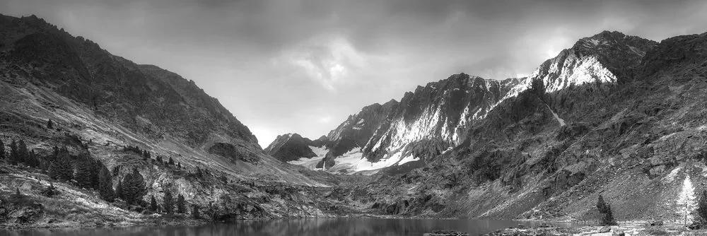 Obraz majestátne hory s jazerom v čiernobielom prevedení Varianta: 120x40