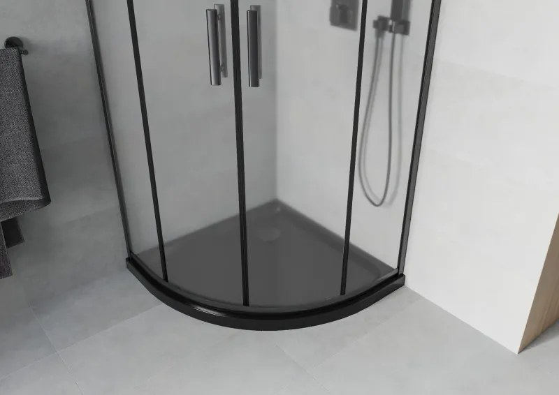 Mexen Rio, štvrťkruhový sprchovací kút s posuvnými dverami 90(dvere) x 90(dvere) x 190 cm, 6mm sklo námraza, čierny profil + čierna sprchová vanička SLIM, 863-090-090-70-30-4170B