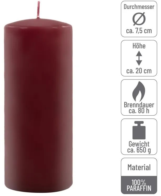 Sada stĺpových sviečok, 20 cm, Ø 7,5 cm, vínová, 6 ks