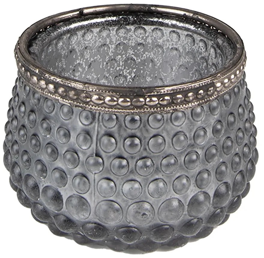 Šedý sklenený svietnik na čajovú sviečku so ozdobným okrajom - Ø 8*6 cm