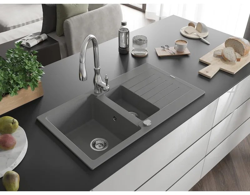 Mexen Matias, 1,5-komorový granitový drez 900x505x200 mm a drezová batéria Savita, šedá, 6502-71-672601-00